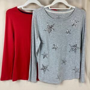 Talbots Long Sleeve Crew Neck Shirt Lot Ted Grey Sequin Stars Pima Cotton Casual